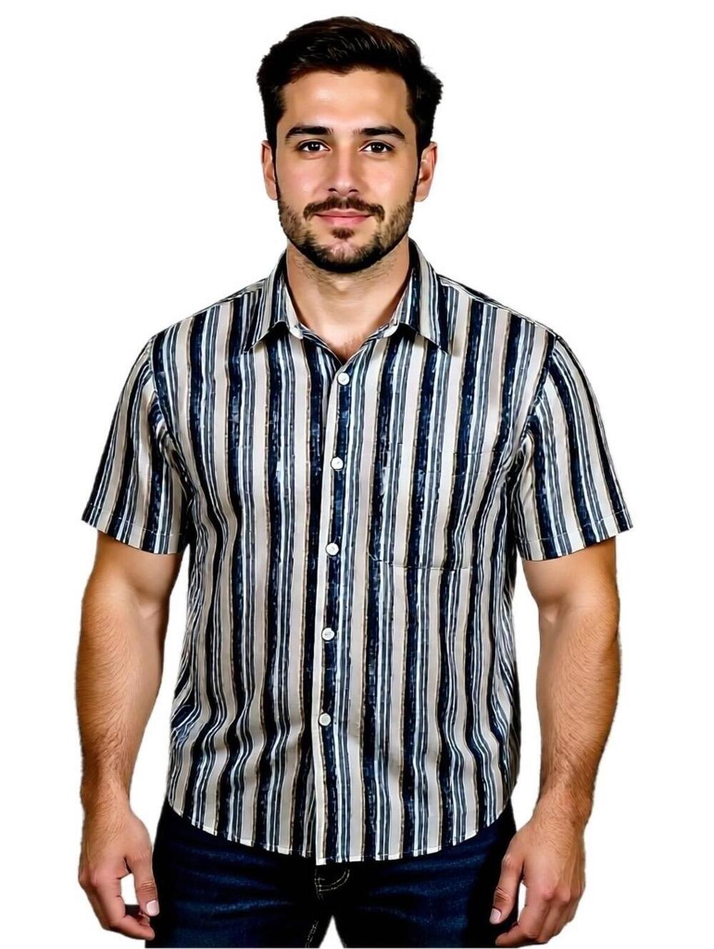 Riscatto Men's XL Button up collar striped blue beige tan